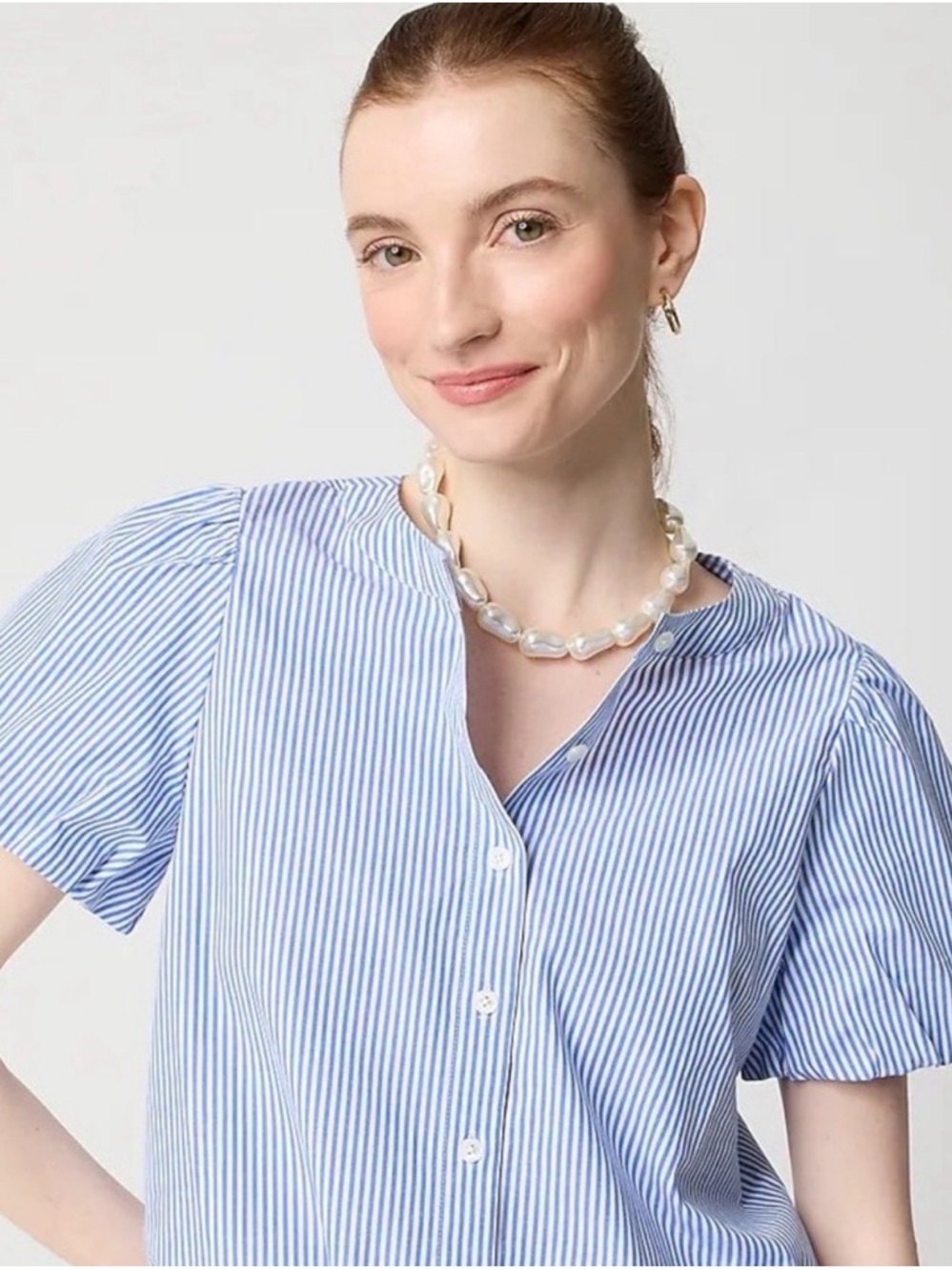 J Crew Blue And White Puff Sleeve Button Down Drawstring Hem Top ~ Size XL